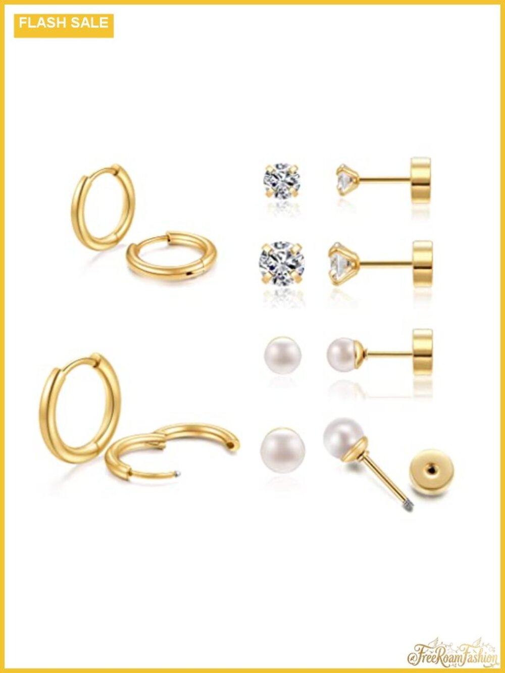 14K Gold Plated Hypoallergenic Earring Set for Multiple Piercings, 6 Pairs Flat
